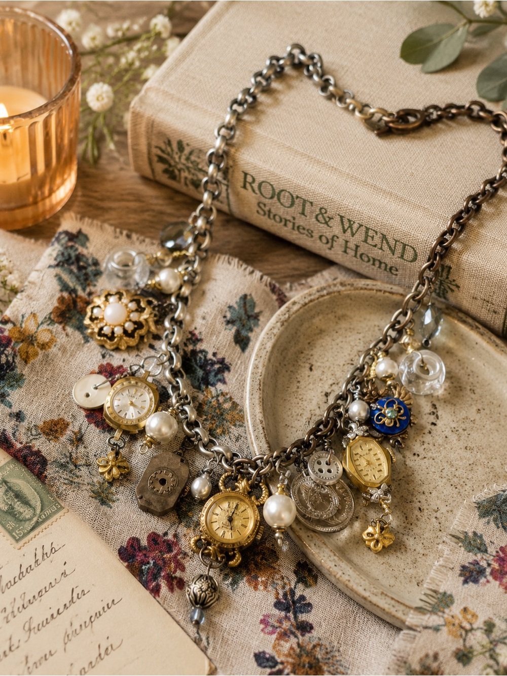 Swiss Watch Charm Assemblage Necklace Mixed Metal Statement OOAK